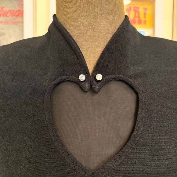 Vintage 80s Black Mini Dress w/ Heart Cutout + Puffy Organza Sleeves - Picture 5 of 7